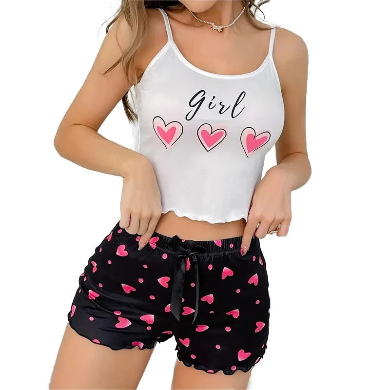 Women's Pink Heart Print Pajama Set – Milk Silk Camisole & Shorts Loungewear | Blanqor