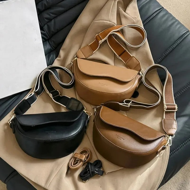 Women's Vintage Saddle Shoulder Bag – Soft PU Leather, Wide Strap, Flap Closure | Yogodlns