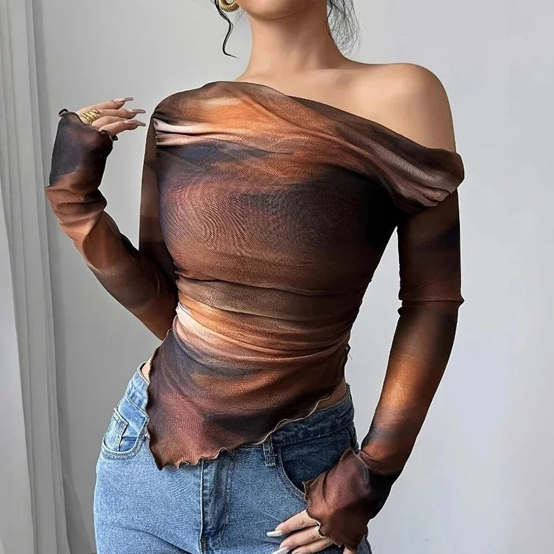 Women's Printed Off-Shoulder Long Sleeve Top – Slim Fit Crop Tee | Blanqor
