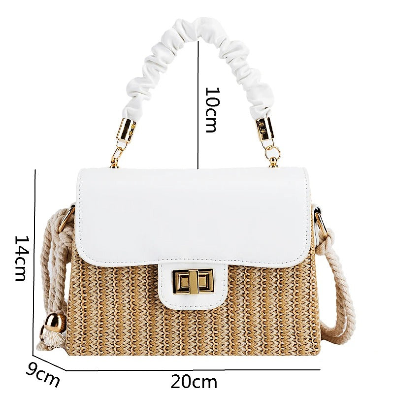 Women's Straw Beach Bag – Contrast Color, Pleated Handle, Flap Closure | Moods Boutique