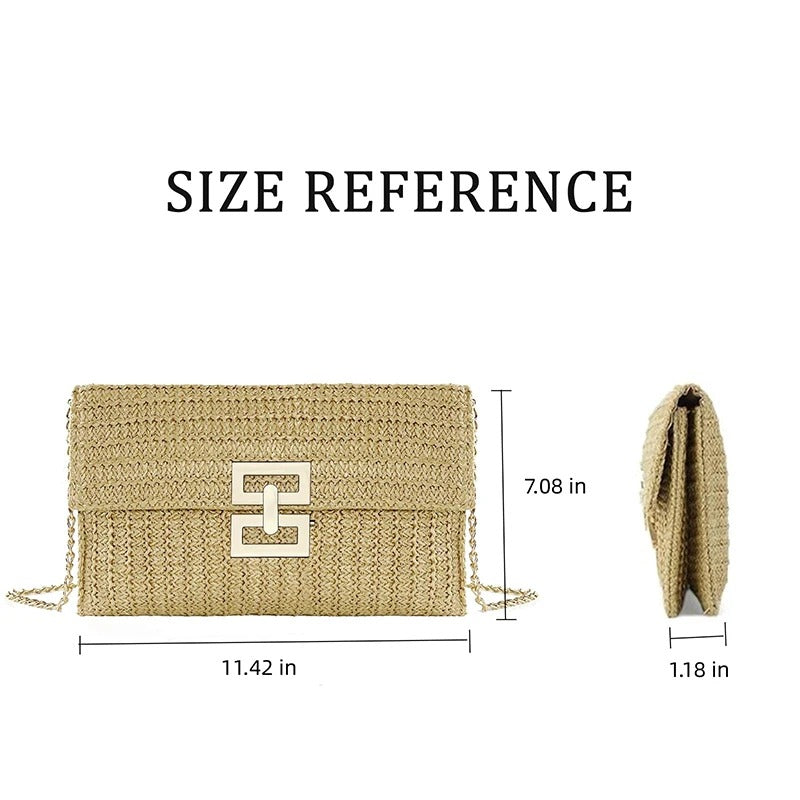Women's Straw Envelope Clutch – Woven Texture, Chain Strap, Fold-Over Design | Blanqor