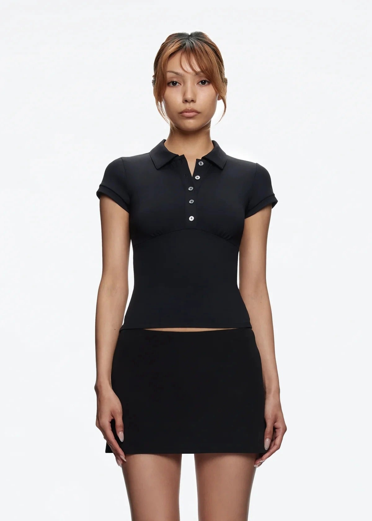 Women's Black Slim Polo Tee – Short Sleeve Cropped Top with Button Detail | Blanqor