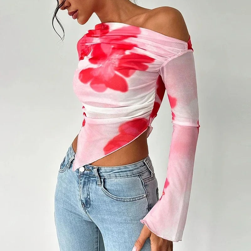 Women's Printed Off-Shoulder Long Sleeve Top – Slim Fit Crop Tee | Blanqor