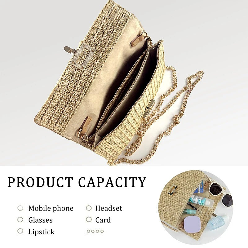 Women's Straw Envelope Clutch – Woven Texture, Chain Strap, Fold-Over Design | Blanqor