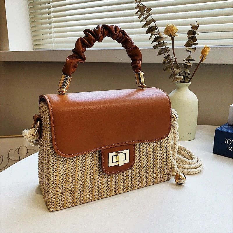 Women's Straw Beach Bag – Contrast Color, Pleated Handle, Flap Closure | Moods Boutique