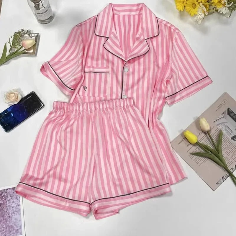 Women's Pink Striped Pajama Set – Short Sleeve Lapel Top & Shorts for Summer | Blanqor
