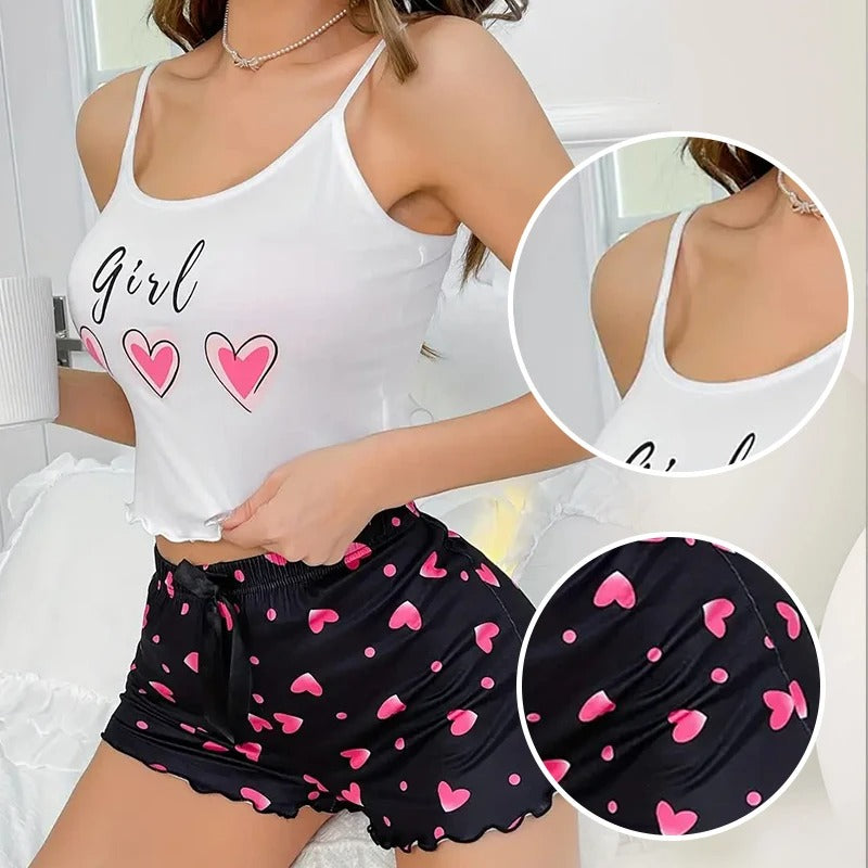 Women's Pink Heart Print Pajama Set – Milk Silk Camisole & Shorts Loungewear | Blanqor