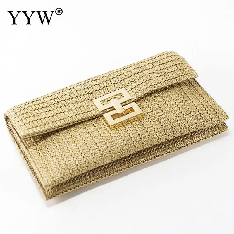 Women's Straw Envelope Clutch – Woven Texture, Chain Strap, Fold-Over Design | Blanqor