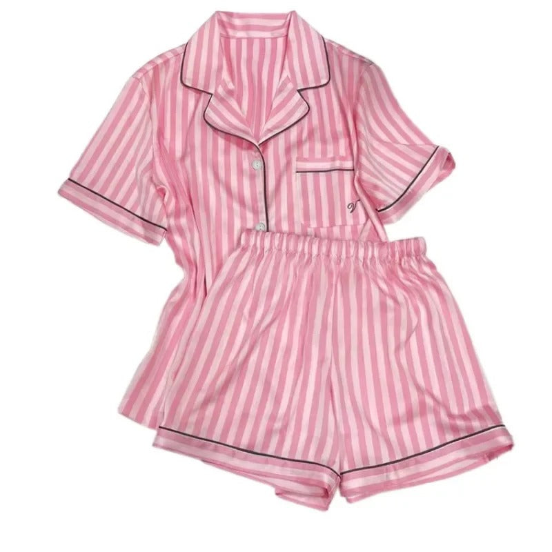 Women's Pink Striped Pajama Set – Short Sleeve Lapel Top & Shorts for Summer | Blanqor