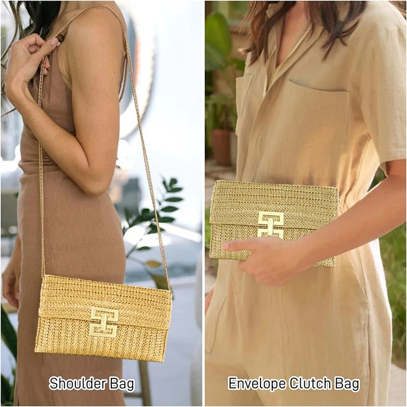 Women's Straw Envelope Clutch – Woven Texture, Chain Strap, Fold-Over Design | Blanqor