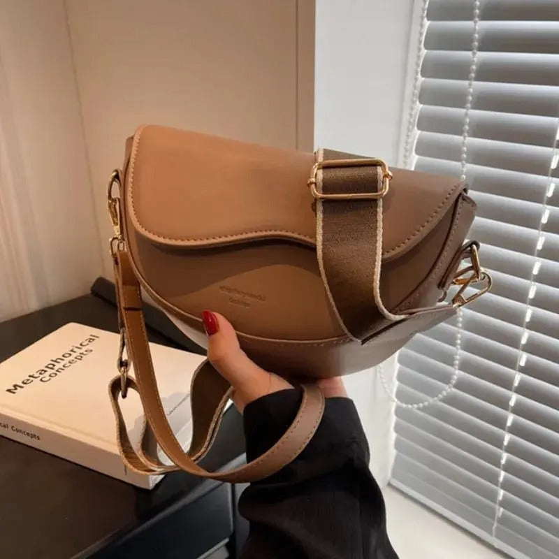 Women's Vintage Saddle Shoulder Bag – Soft PU Leather, Wide Strap, Flap Closure | Yogodlns