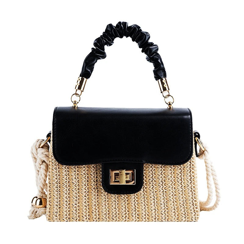 Women's Straw Beach Bag – Contrast Color, Pleated Handle, Flap Closure | Moods Boutique