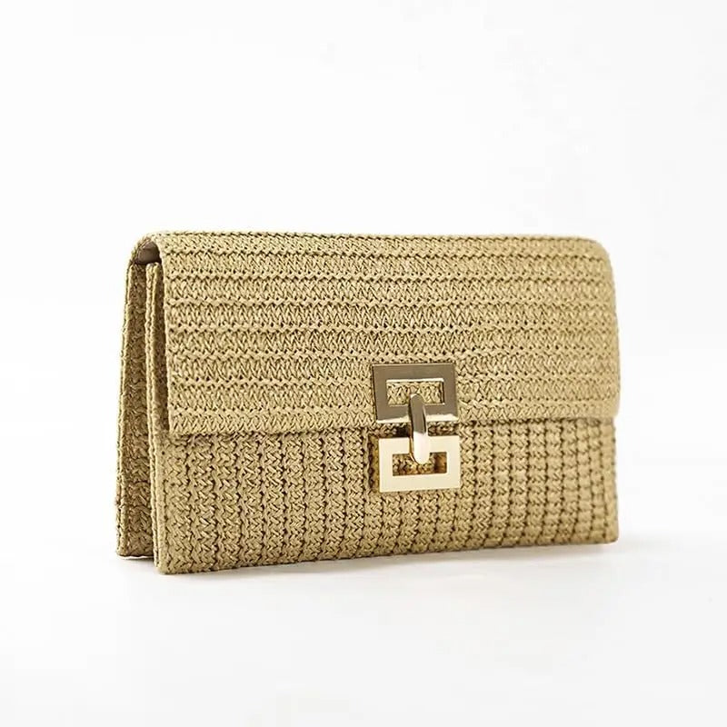 Women's Straw Envelope Clutch – Woven Texture, Chain Strap, Fold-Over Design | Blanqor