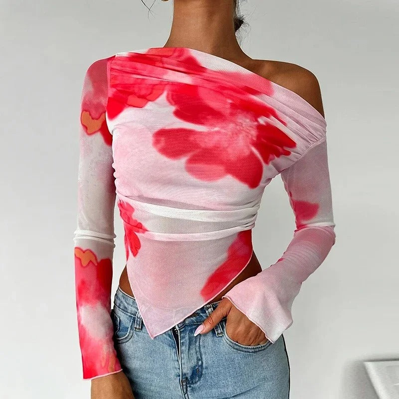 Women's Printed Off-Shoulder Long Sleeve Top – Slim Fit Crop Tee | Blanqor