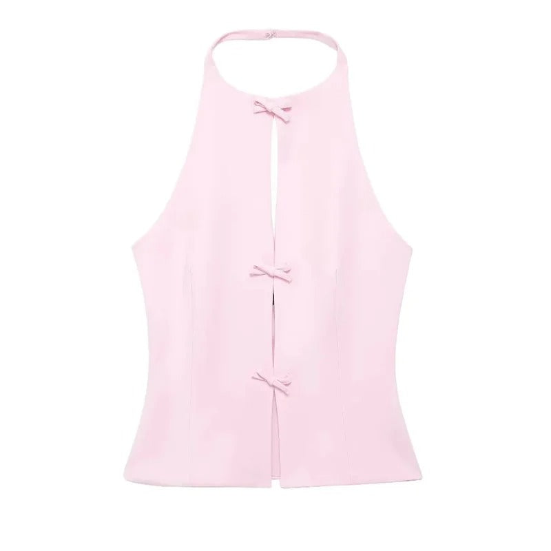 Women's Off-Shoulder Halter Crop Top – Bow Detail & Backless Design | Blanqor