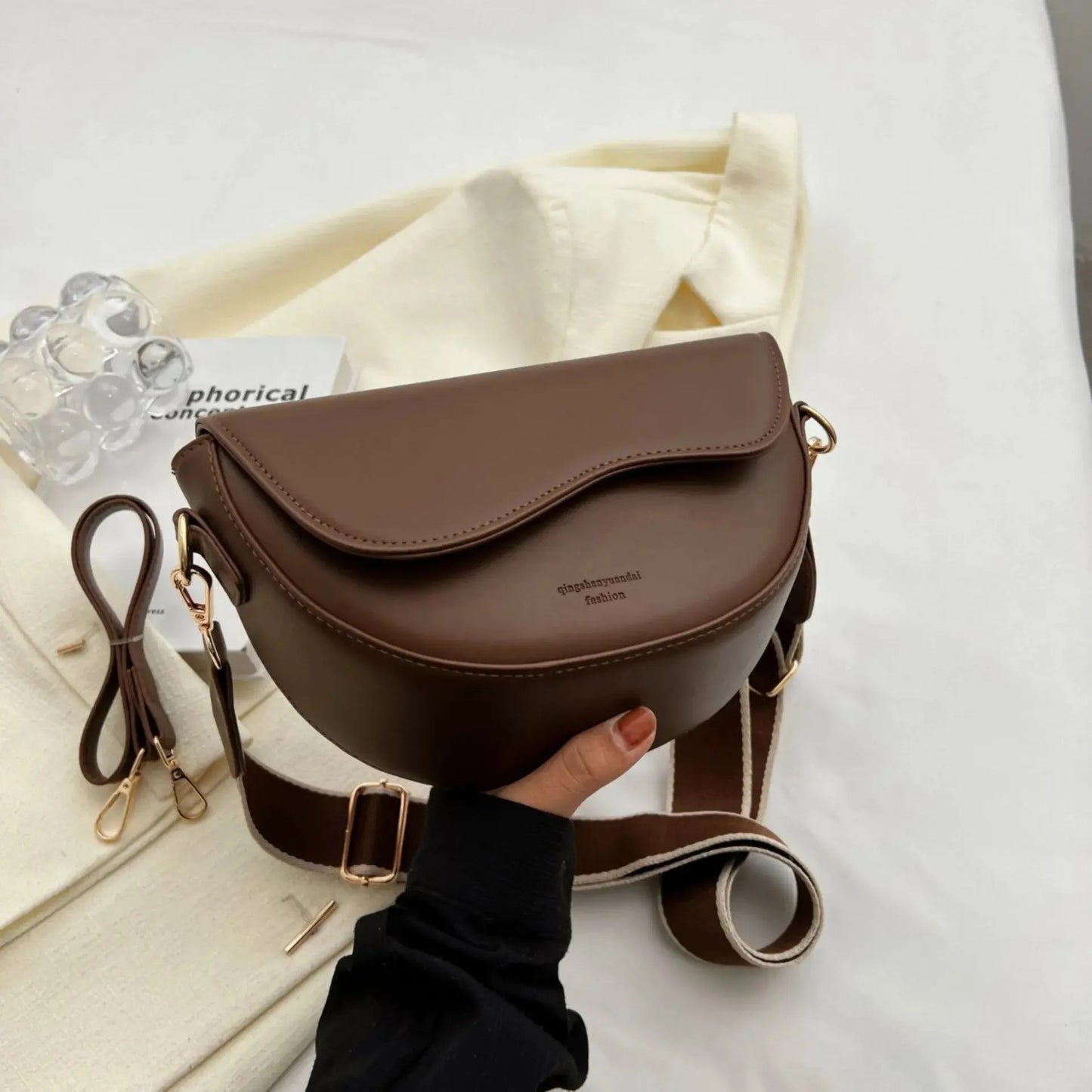 Women's Vintage Saddle Shoulder Bag – Soft PU Leather, Wide Strap, Flap Closure | Yogodlns