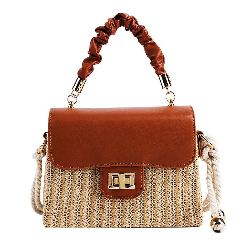 Women's Straw Beach Bag – Contrast Color, Pleated Handle, Flap Closure | Moods Boutique