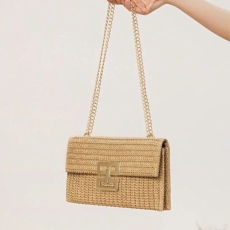 Women's Straw Envelope Clutch – Woven Texture, Chain Strap, Fold-Over Design | Blanqor
