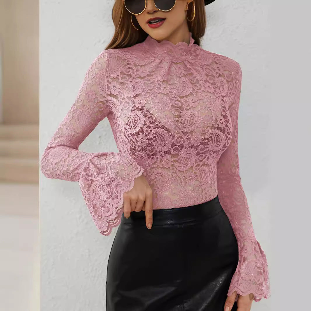 Floral Paisley Lace Slim‑Fit Top With Bell Sleeves | Blanqor