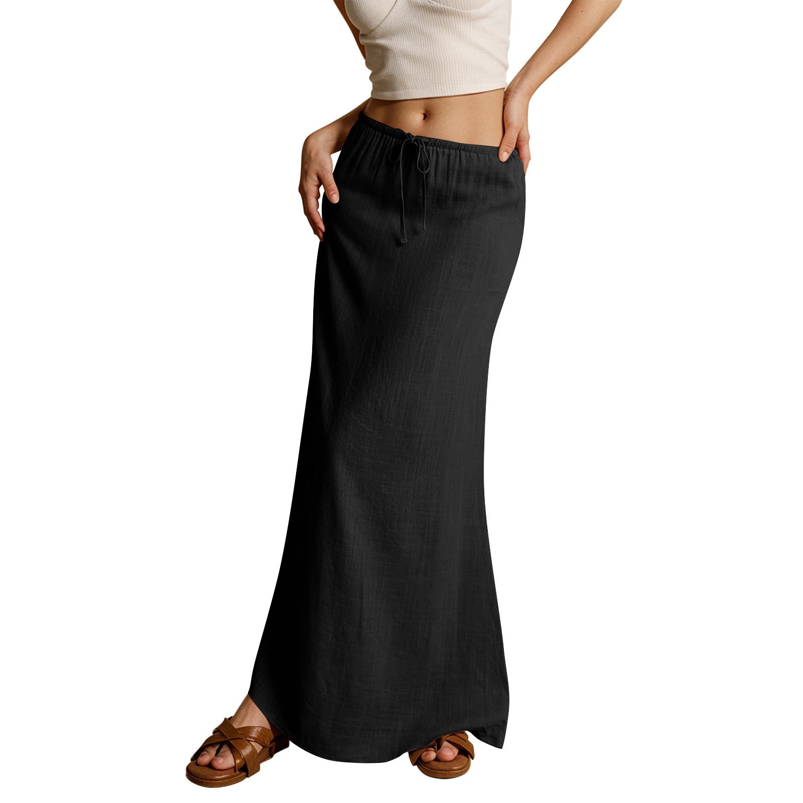 Cotton A-Line Elastic Waist Maxi Skirt with Drawstring | Blanqor
