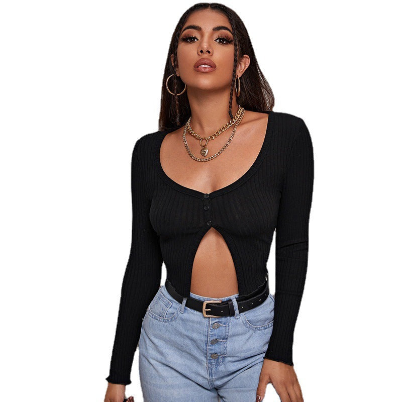 Minimalist Buttoned Long Sleeve Knit Crop Cardigan Top | Blanqor