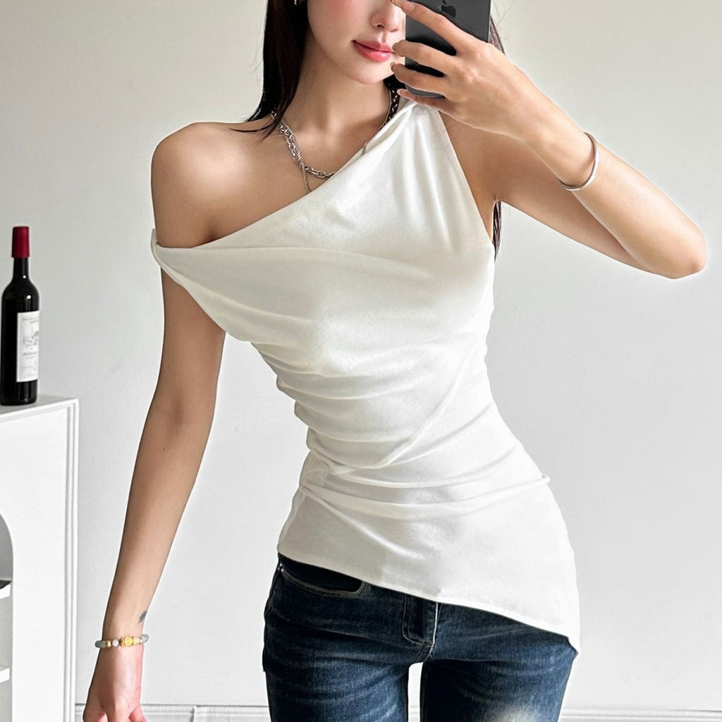 White Versatile Thin-Strap Collarbone T‑Shirt | Blanqor
