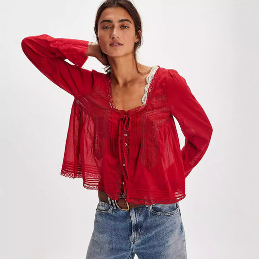 Lace U-shaped Lace Collar Long Sleeve Light Shirt | Blanqor
