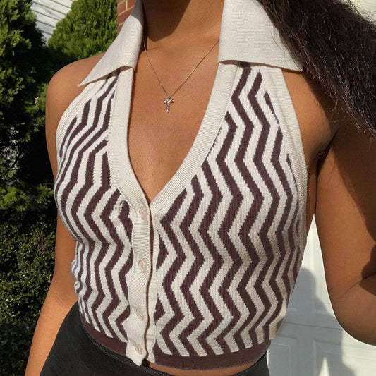 Sexy Fashion Strapless Lapels Halter Vest Wavy Striped Halter Vest l Blanqor