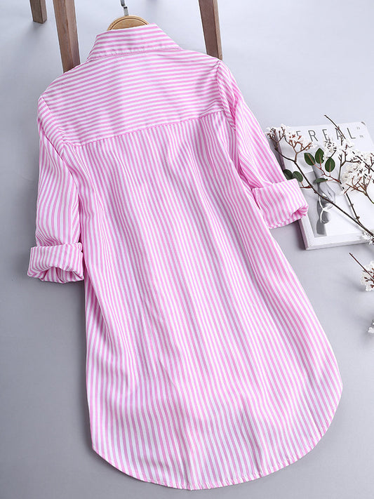 Women's Striped Long Sleeve Bottom Collar Loose Shirt l Blanqor