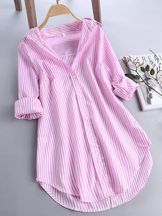 Women's Striped Long Sleeve Bottom Collar Loose Shirt l Blanqor