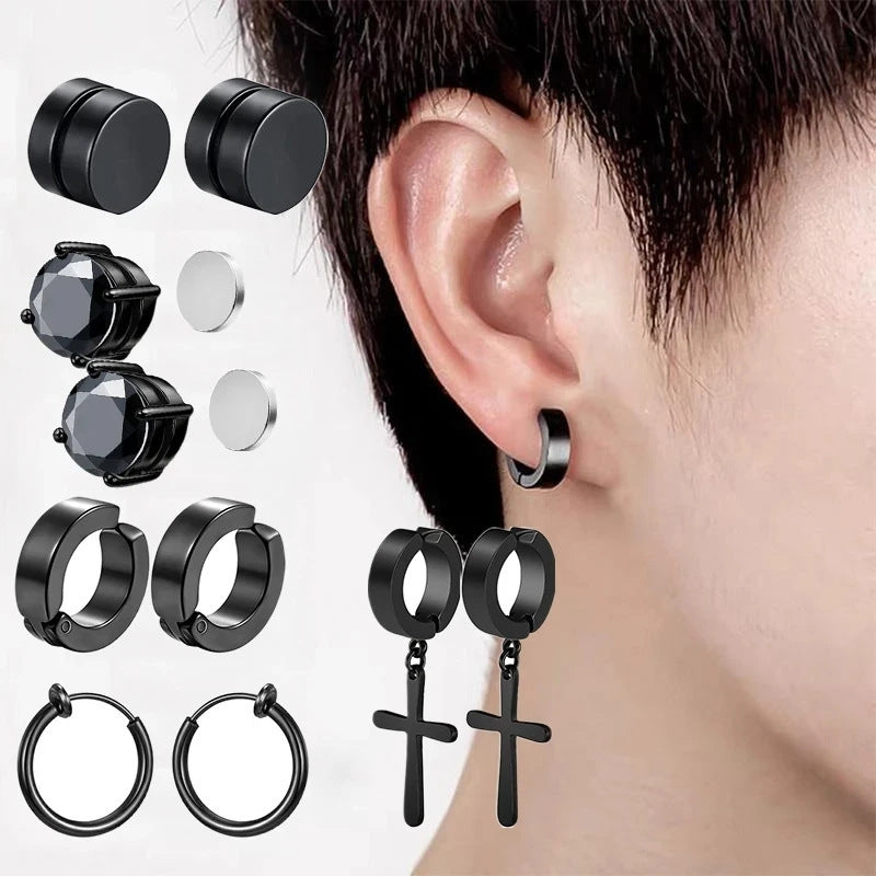 Magnetic Clip-On Stainless Steel Earrings Punk Unisex Cross & Stud Set | Blanqor