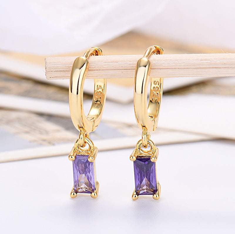 Rectangular Colored Zirconia Drop Earrings Geometric Gold or Silver | Blanqor