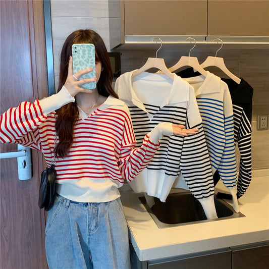 Striped Short Long-sleeved Sweater Lapel Cover l Blanqor
