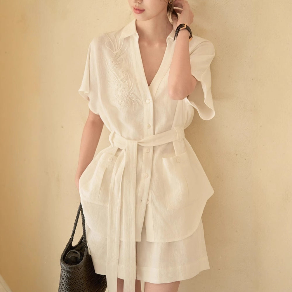 Neutral Texture Cotton-Linen Blend Summer Shirt & Shorts Co-ord Set | Blanqor