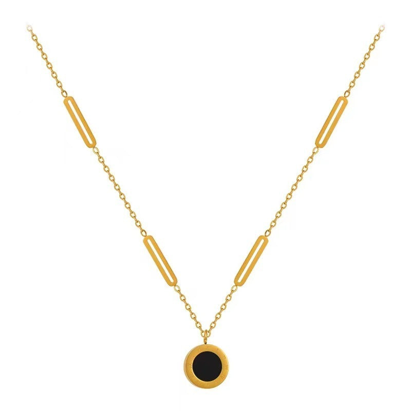 Roman Numeral Black & White Round Pendant Necklace Titanium Steel | Blanqor