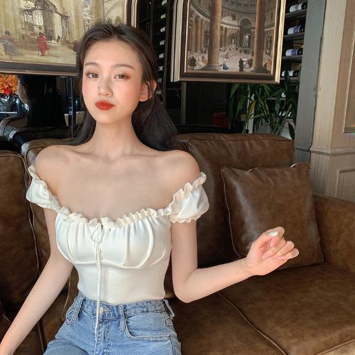 Women's Fashion Chic Collarbone Off-shoulder Design Drawstring Short Sleeve l Blanqor