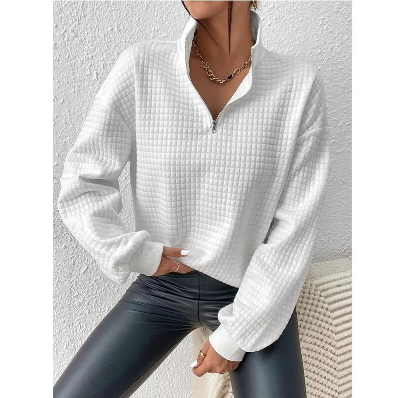 White Waffle Stand-Collar Zipper Patchwork Sweater | Blanqor