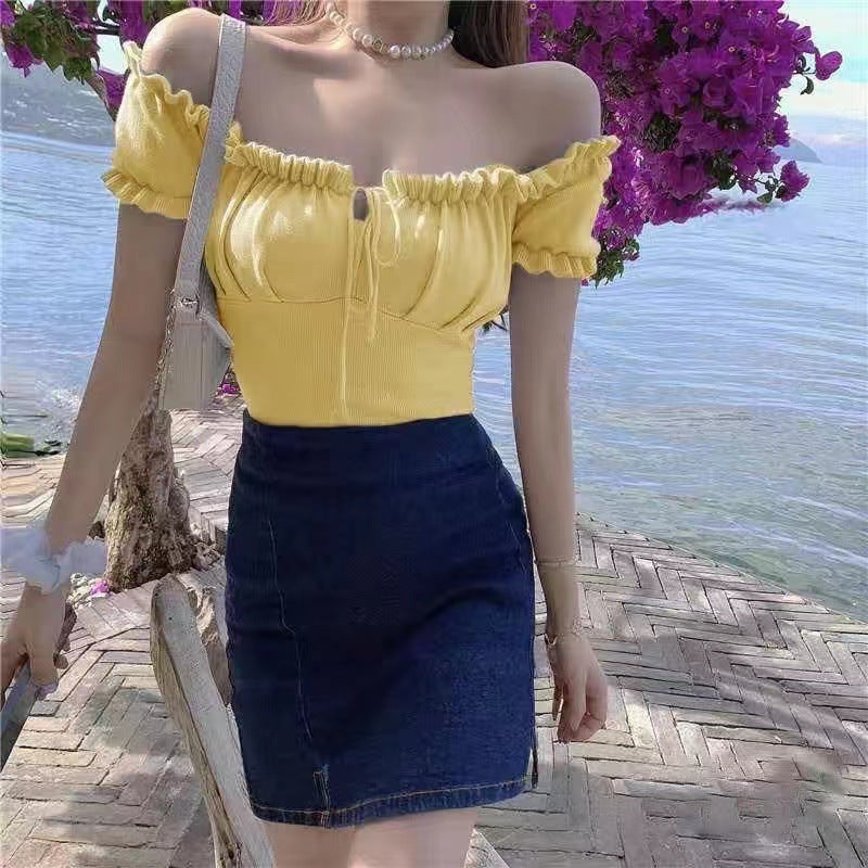 Women's Fashion Chic Collarbone Off-shoulder Design Drawstring Short Sleeve l Blanqor