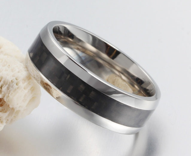 Black Carbon Fiber Inlay Stainless Steel Ring 8mm Unisex Band | Blanqor