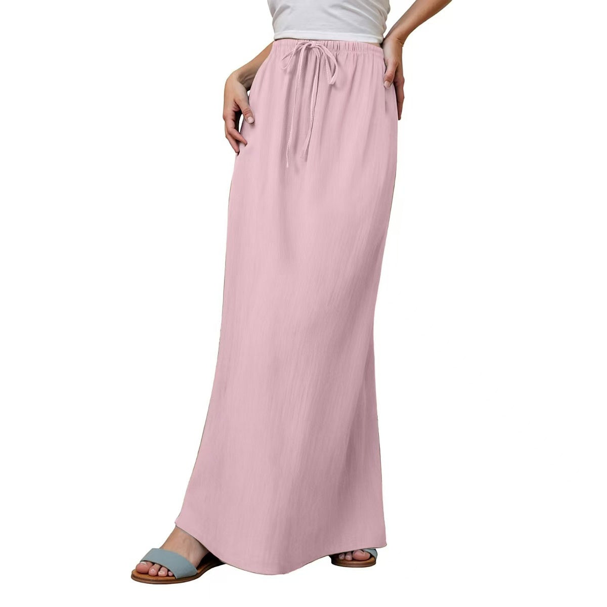 Cotton A-Line Elastic Waist Maxi Skirt with Drawstring | Blanqor