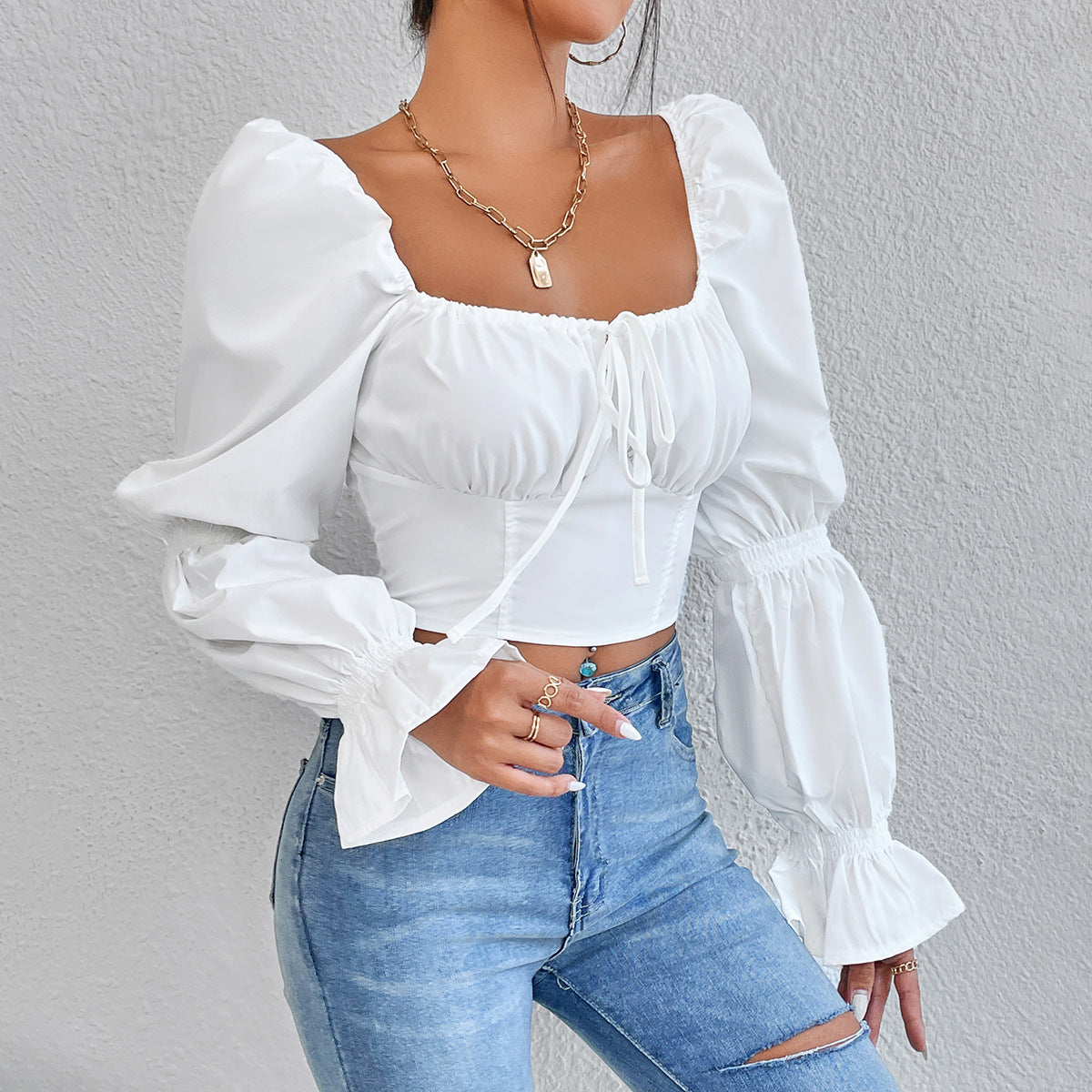 Pure White Long Sleeve Shirt With Lace Up Front And Zippered Back l Blanqor