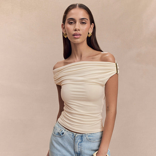 Women's Solid Color Pleated Off-shoulder Slim Off-shoulder Top | Blanqor