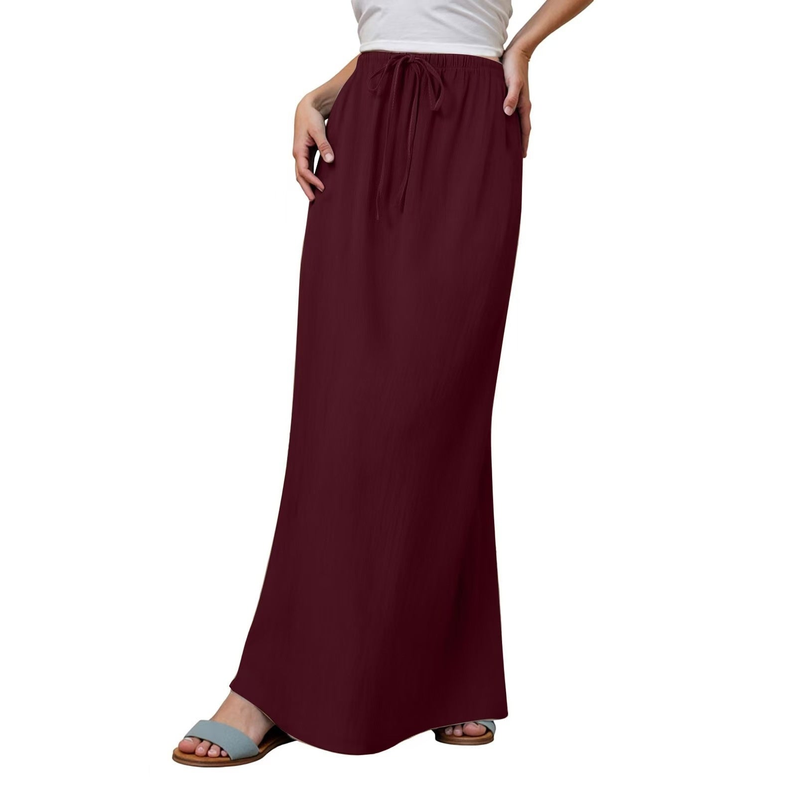 Cotton A-Line Elastic Waist Maxi Skirt with Drawstring | Blanqor