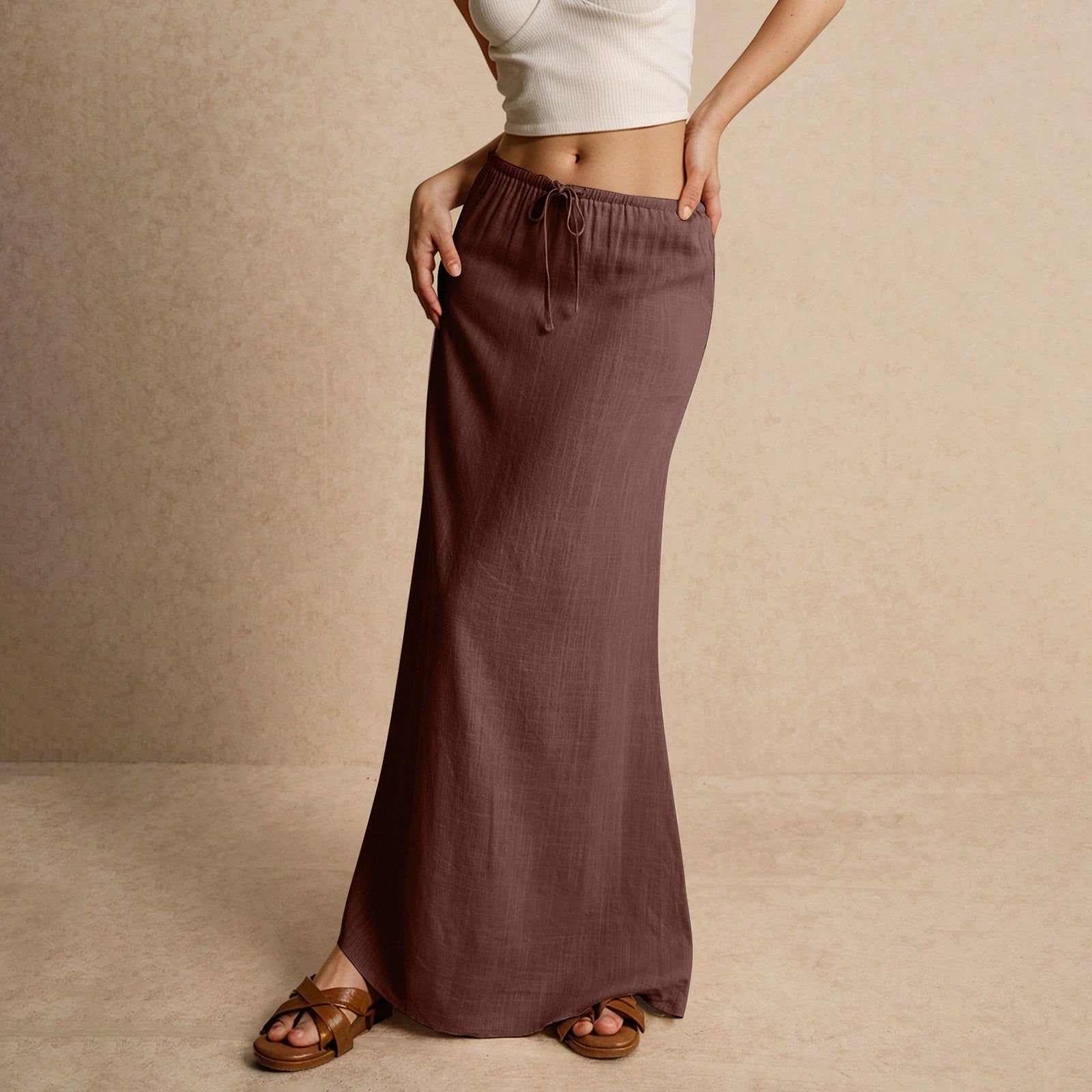 Cotton A-Line Elastic Waist Maxi Skirt with Drawstring | Blanqor