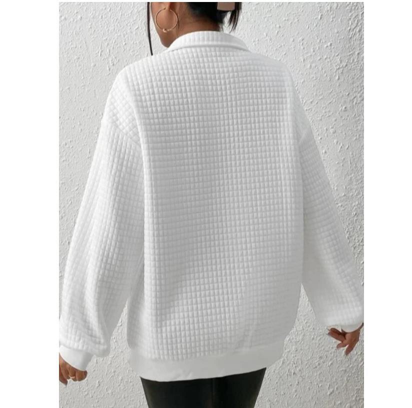 White Waffle Stand-Collar Zipper Patchwork Sweater | Blanqor