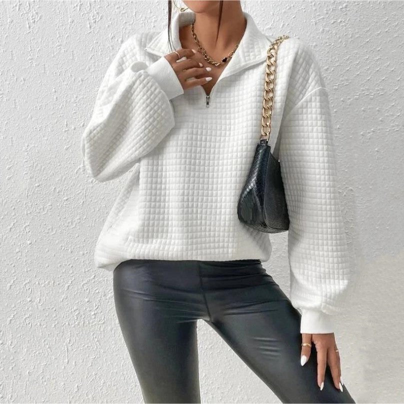 White Waffle Stand-Collar Zipper Patchwork Sweater | Blanqor