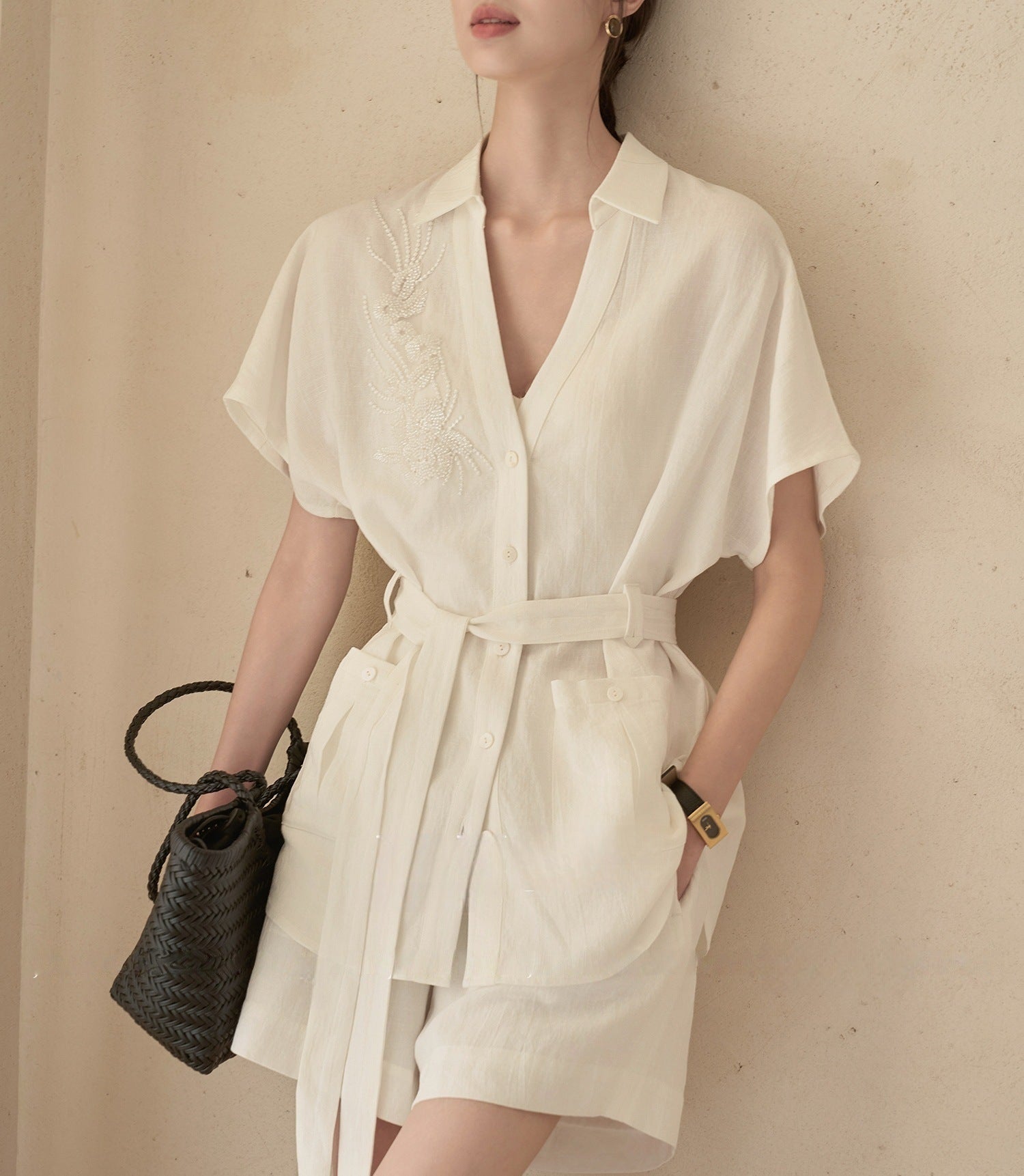 Neutral Texture Cotton-Linen Blend Summer Shirt & Shorts Co-ord Set | Blanqor