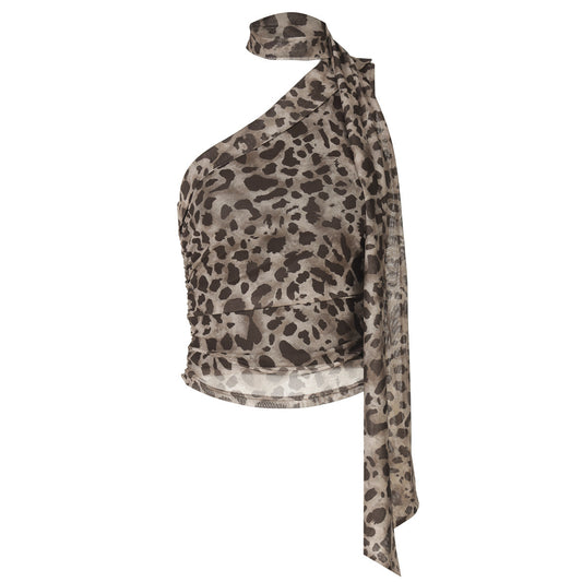 Leopard Print Crossbody Sleeveless Ribbon Short Tight Vest | Blanqor