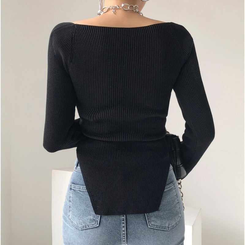 Black Irregular-Flying Sleeve Thin Sweater | Blanqor