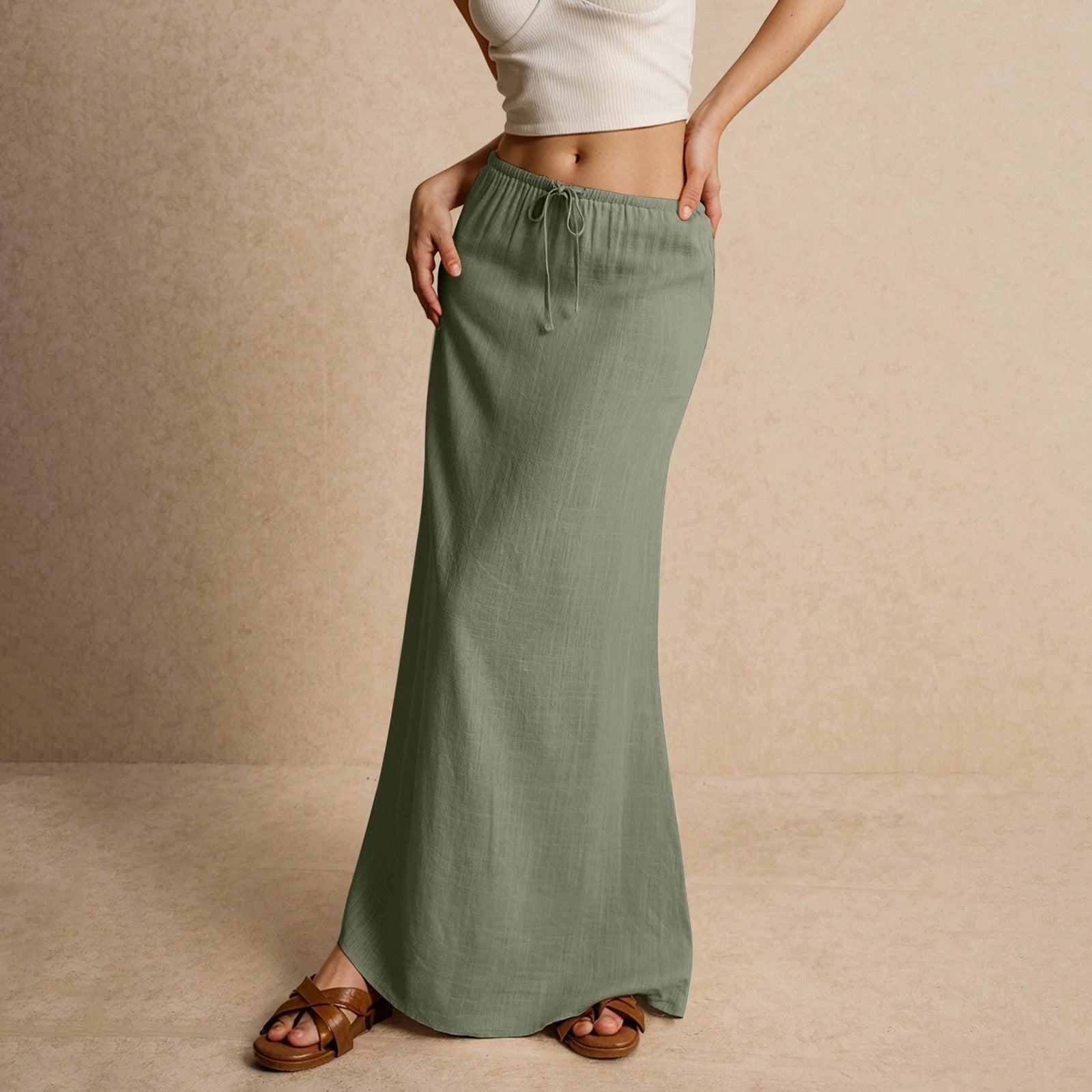 Cotton A-Line Elastic Waist Maxi Skirt with Drawstring | Blanqor